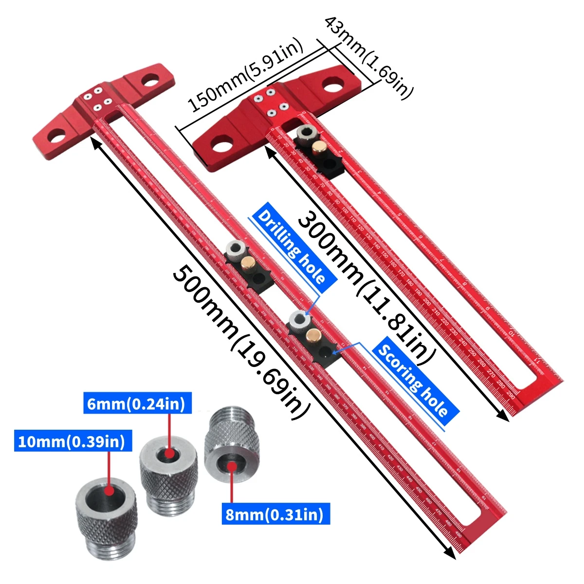 Woodworking 2 in 1 Drilling Positioning Scoring Ruler Aluminum Scriber Marking T Square Dowelling Jig with 6/8/10mm Drill Sleeve