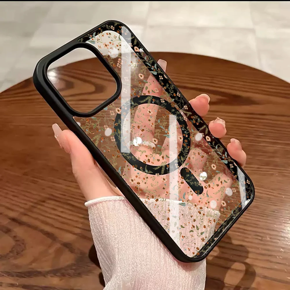 Künstlerische Blumen Transparente Hülle für Magsafe iPhone 15 16 13 Pro Max 17 14 11 13 12 Pro Max Plus Hülle Magnetisches Kabelloses Laden Coque – Detail 8