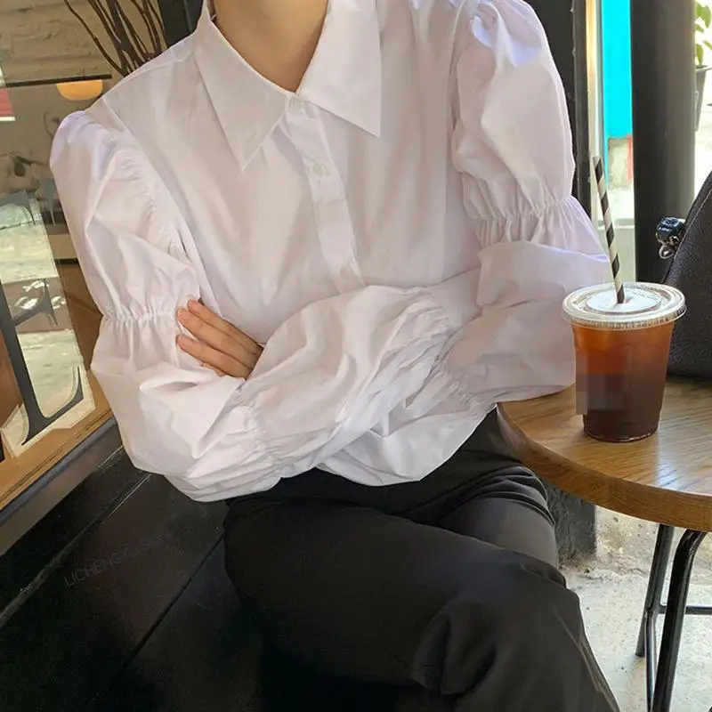 

2022 Rimocy White Puff Sleeve Women's Shirts Korean Style Single-breasted Long Sleeve Blouse Woman Turn Down Collar Blusas Mujer