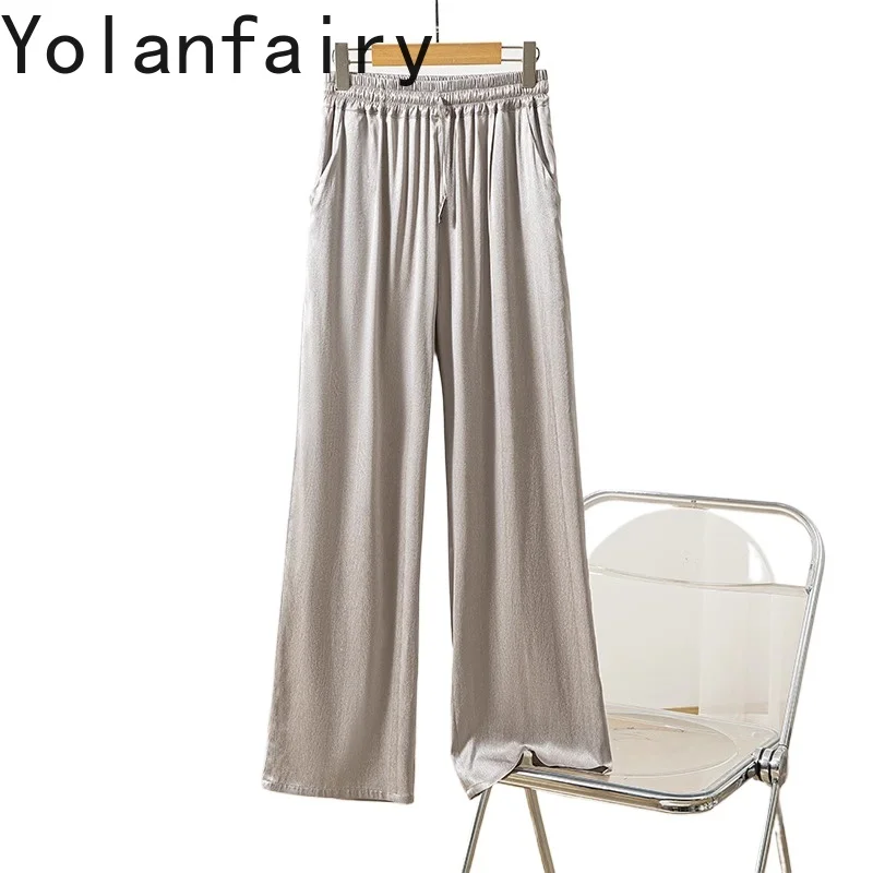 

YOLANFAIRY 93% Real Mulberry Silk Straight Pants Elastic Waist Casual Summer Pants Woman Herringbone Women's Pants Grey Trousers