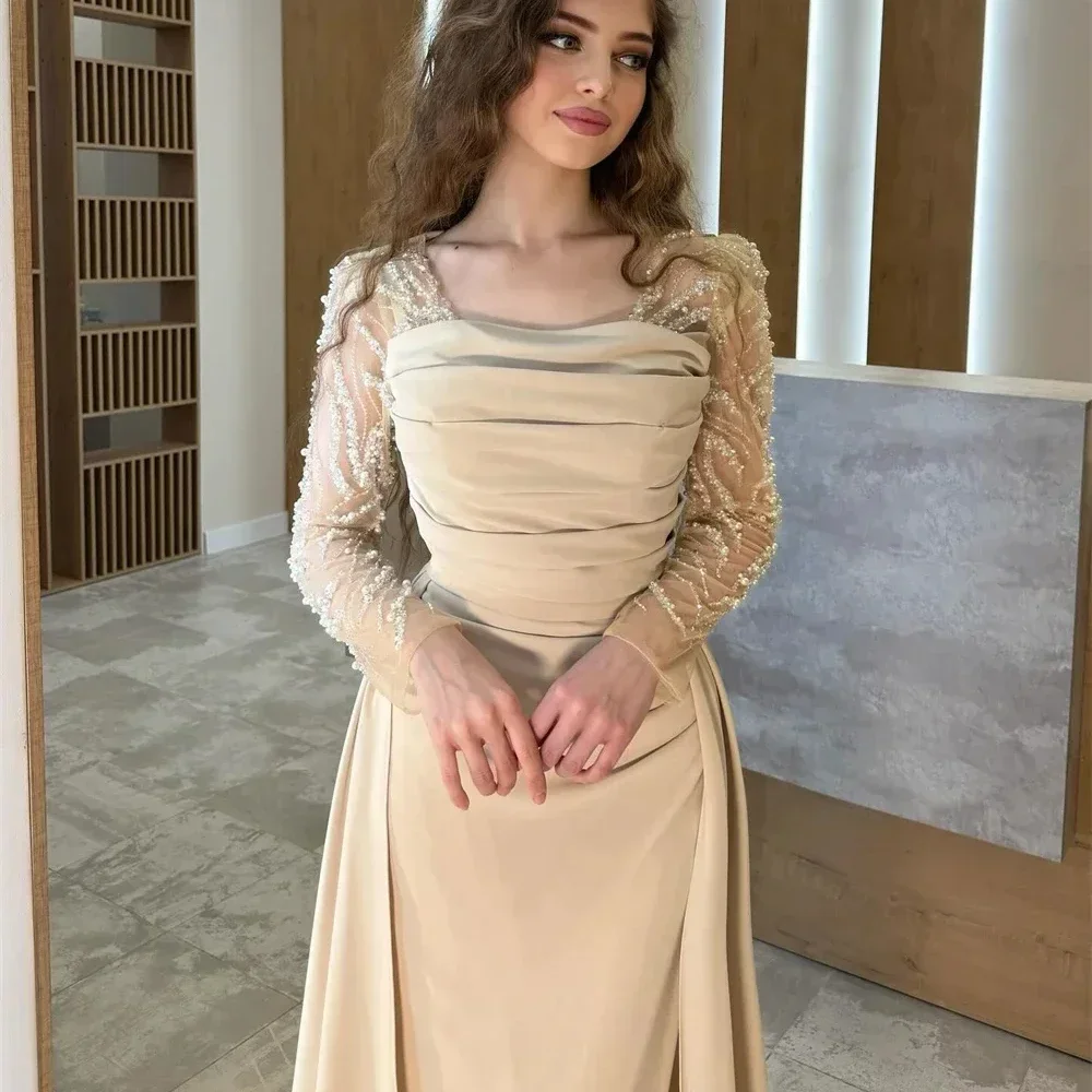 Customized Prom Dresses Women Gown Formal Square Collar Column Floor Length Skirts Shirred Draped Beading Pearl Bespoke