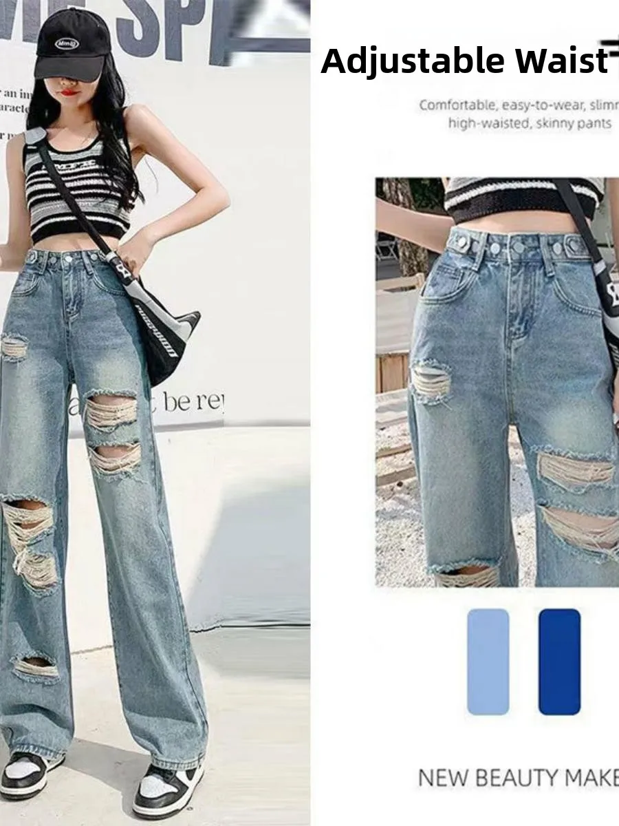 

High Waist Adjustable Straight Leg Wide Leg Jeans Women's Popular Loose Hole Design Long Pants Summer Fashion Casual Denim