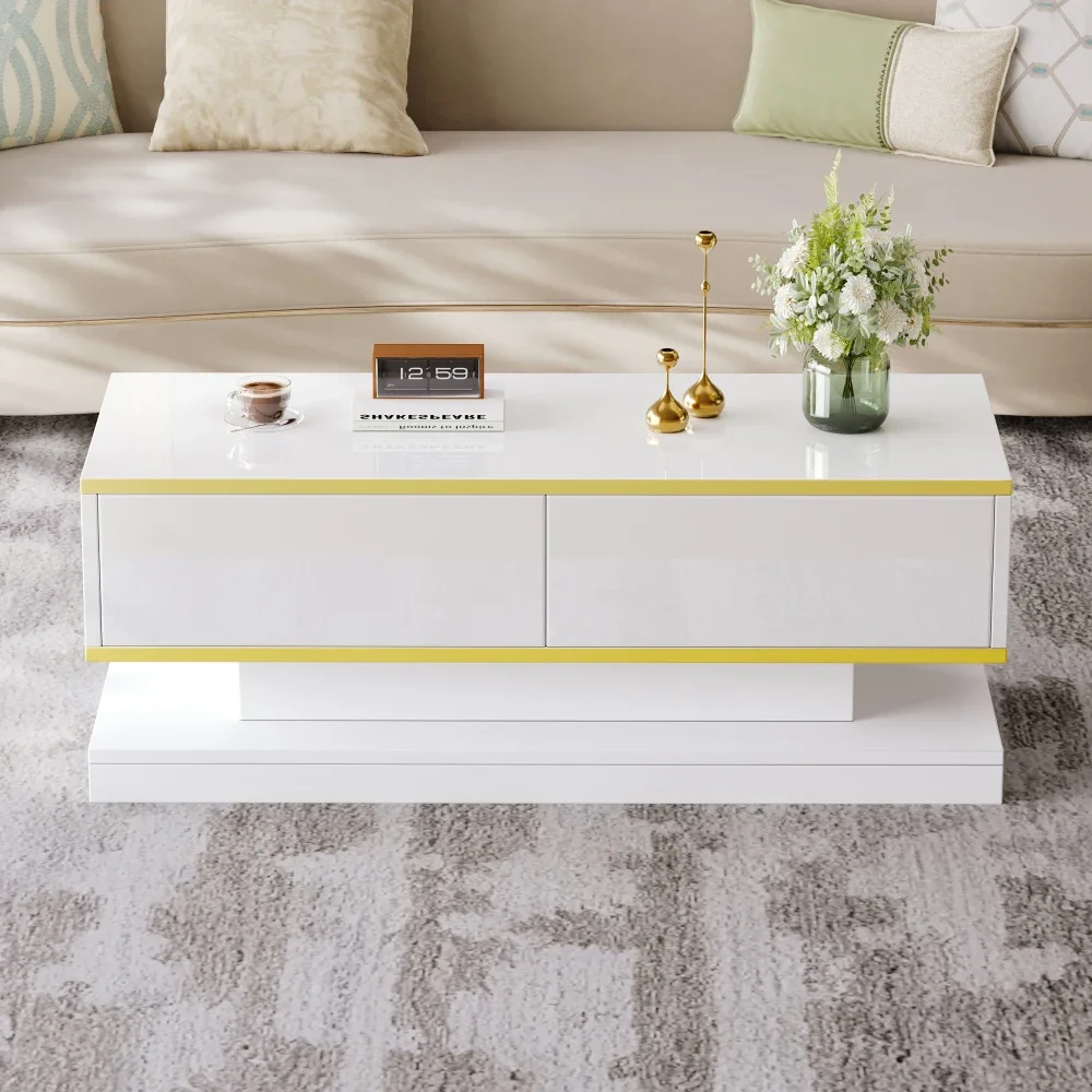 Moderner TV-Ständer mit 3 Schubladen, warmweißes Lowboard, goldener Rand, Wohnzimmer-Aufbewahrungsschrank – Detail 37