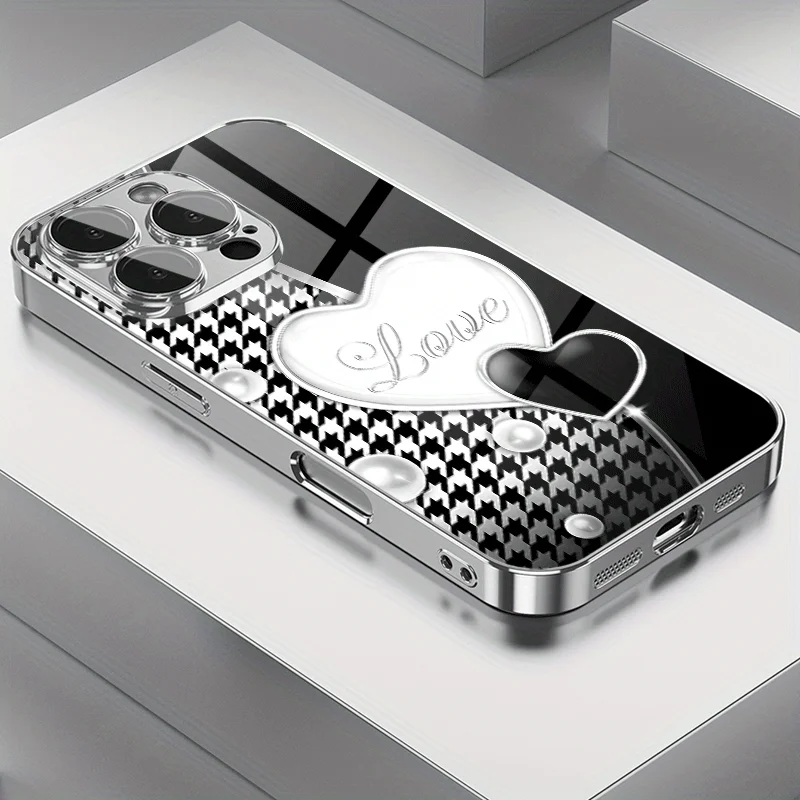 Étui de téléphone Socialite à motif double cœur en perles et carreaux noirs et blancs pour iPhone 16/16Pro/16ProMax/16Plus/15/15Plus/15ProMax