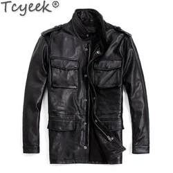 Tcyeek Winter Jacket Men Warm Real Cowhide Genuine Leather Jacket Men Clothing Motorcycle Men's Jacket Safaried M65 Trench Coat