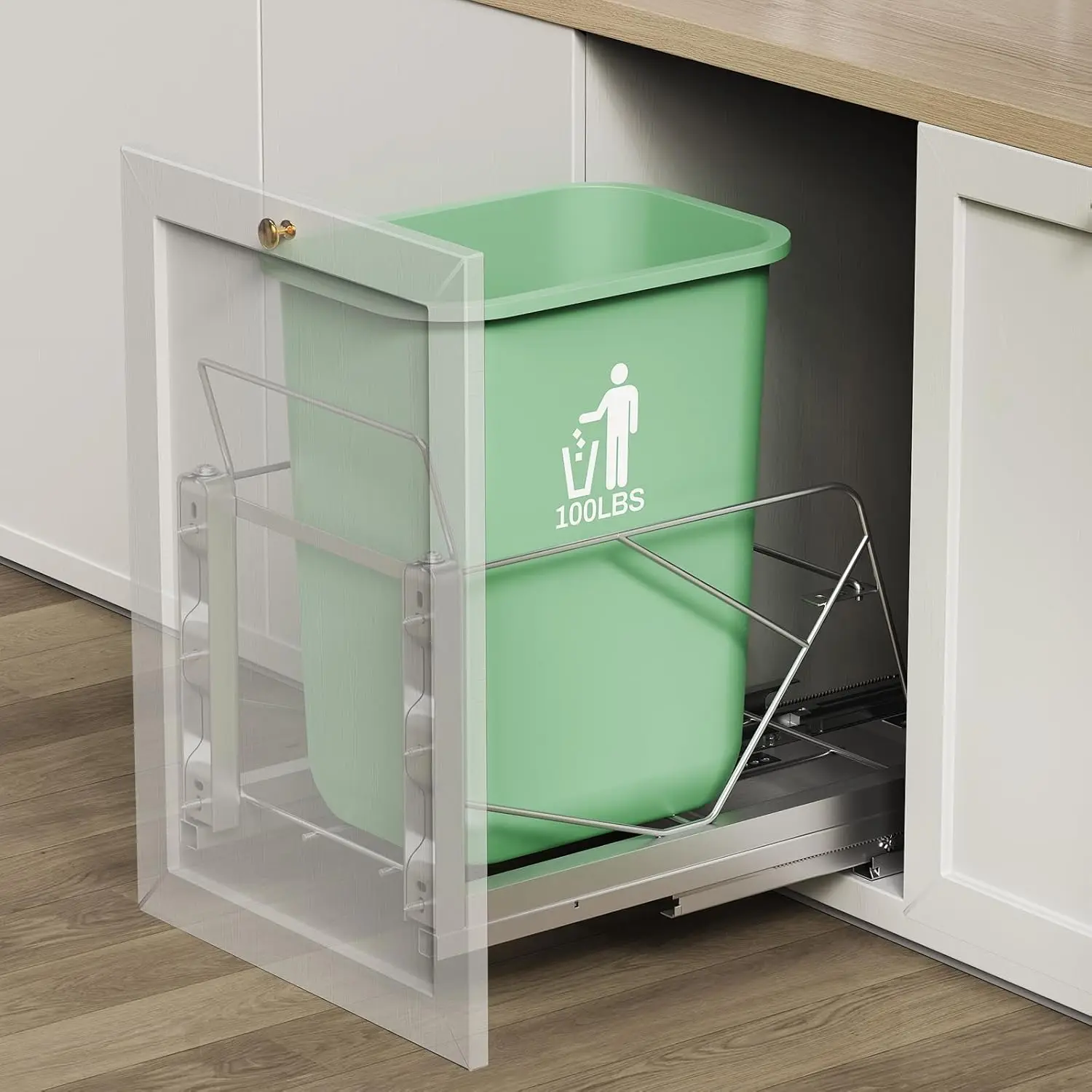 

Under Cabinet Pull-Out Trash Can with Soft-Close Slides, Twin-Mode Installation for Kitchen Sink Drawer