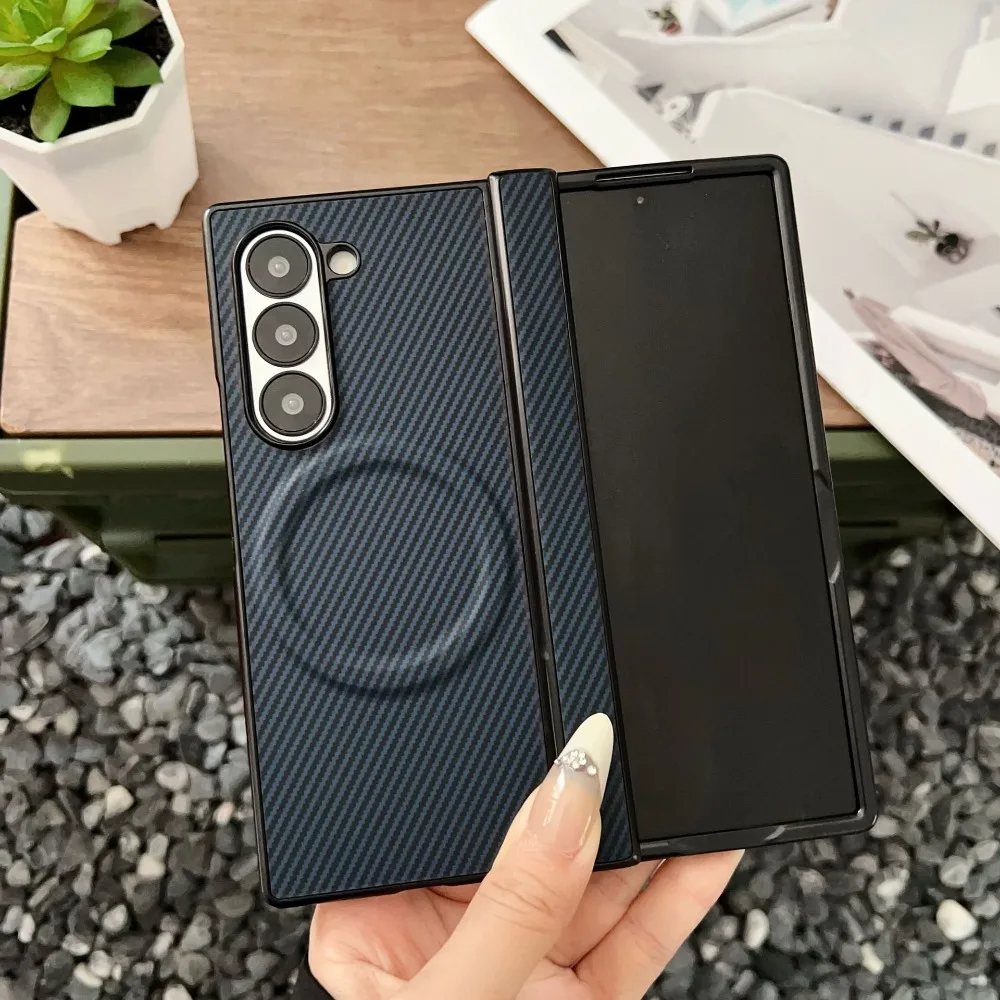 Kohlefaser-Leder-Handyhülle mit magnetischem Scharnier für Samsung Galaxy Z Fold 7 6 5 4 3 Fold 7 Fold6 5G für MagSafe-Schutzhülle