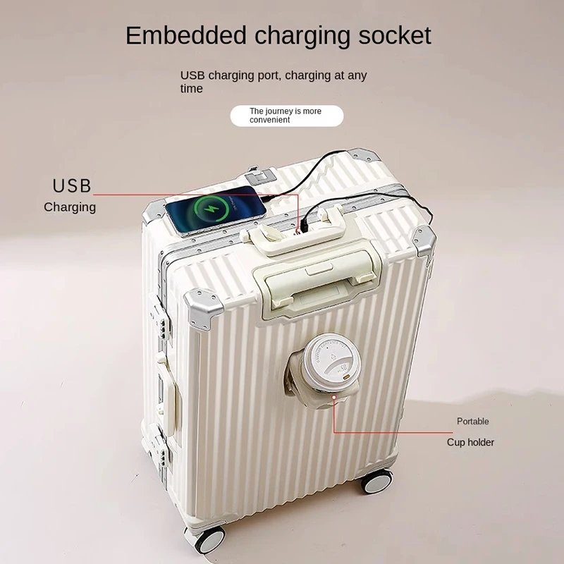 Multifunction Suitcase Aluminum Frame Luggage with USB Cup Holder Rolling Trolley Case 20/24/28 inch Cabin Carry-on Travel Bag