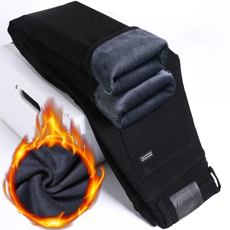 

2025 New Winter Men's loose Straight Elastic Denim Pants classics Casual Plush Trousers Pure Black Fleece Thick Warm Jeans