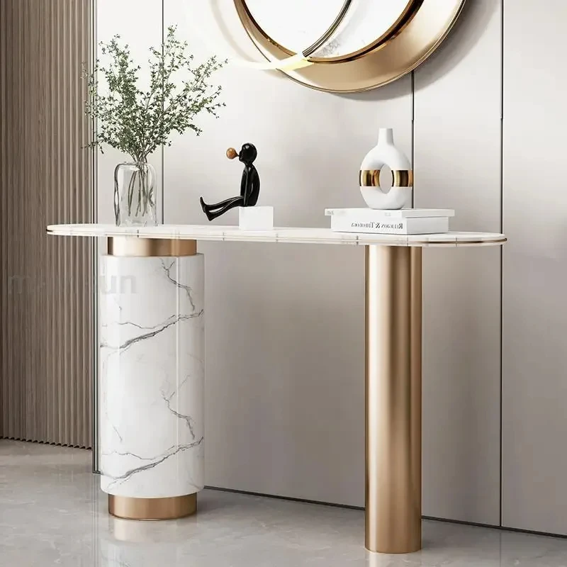 

Italian Style Entryway Desk Round Corner Living Room Entrance Furniture Rock Slab Tabletop Fashion Console Tables For Hallway