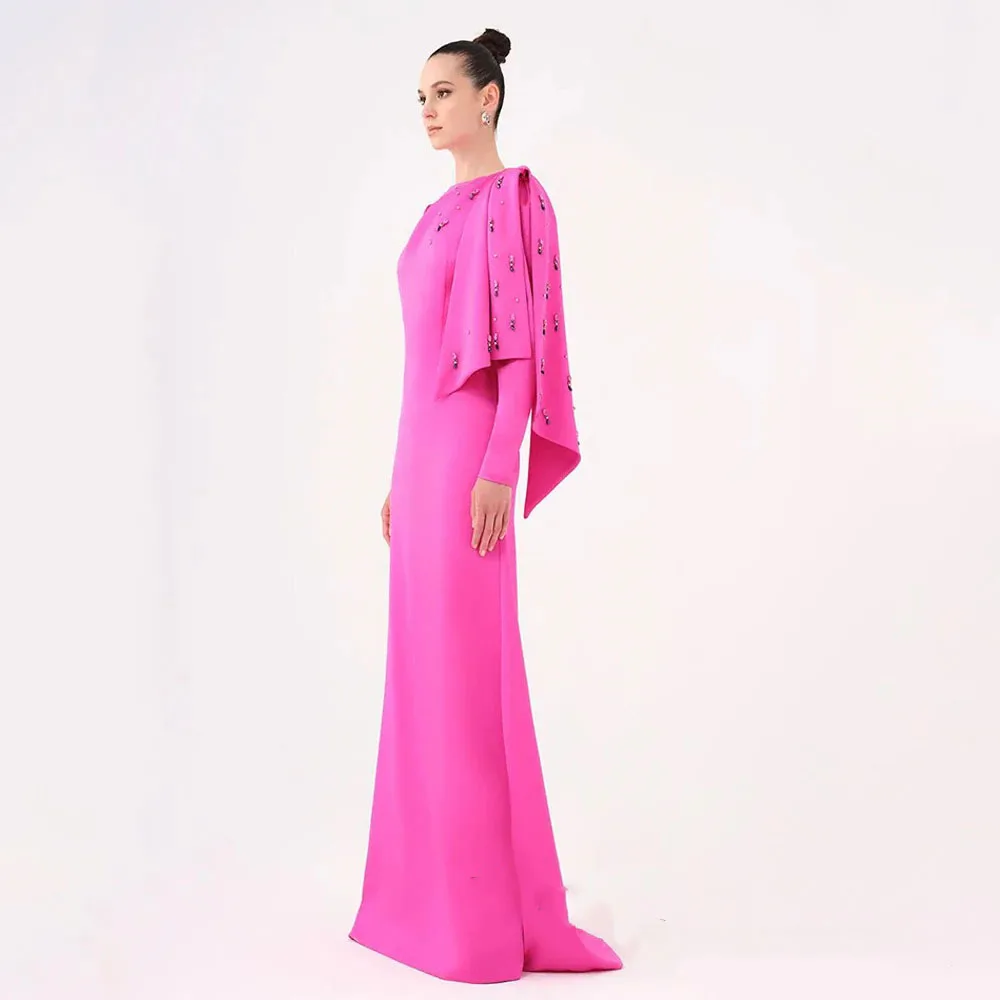 Fuchsia Prom Dress Saudi Arabian Party Dresses Round Neck Full Sleeves Stones Beadings Satin Formal Evening Gown Robe DeSY-010