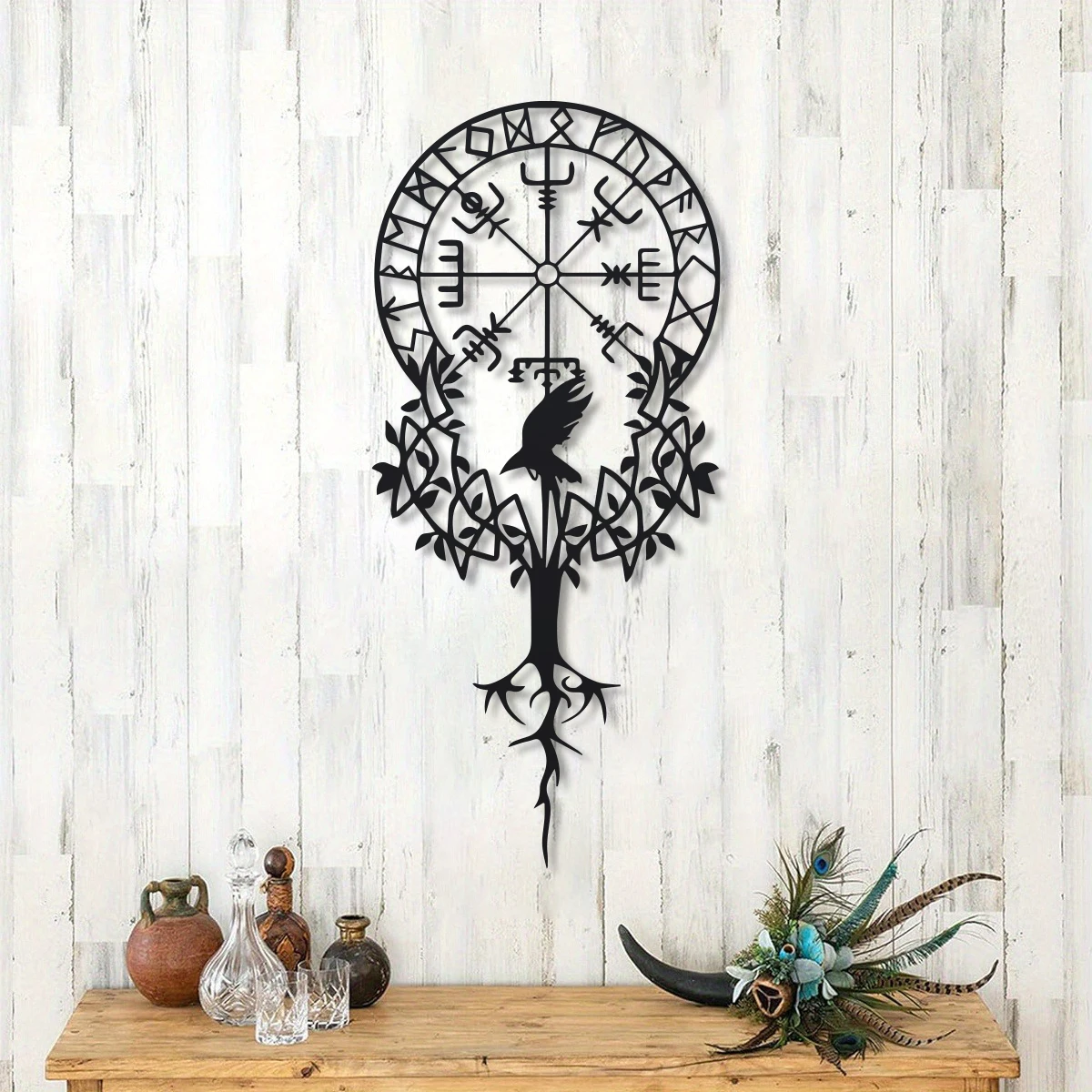 Viking Symbol Metal Wall Art, Black Nordic Decor,Vegvisir Compass Design, Amulet Protection, Meaningful Viking Gift