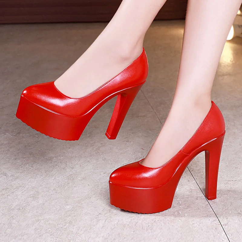 13cm Small Size 32-43 Elegant Shallow Block High Heels Shoes 202 Spring Platform Pumps Leather for Model Court Office Party