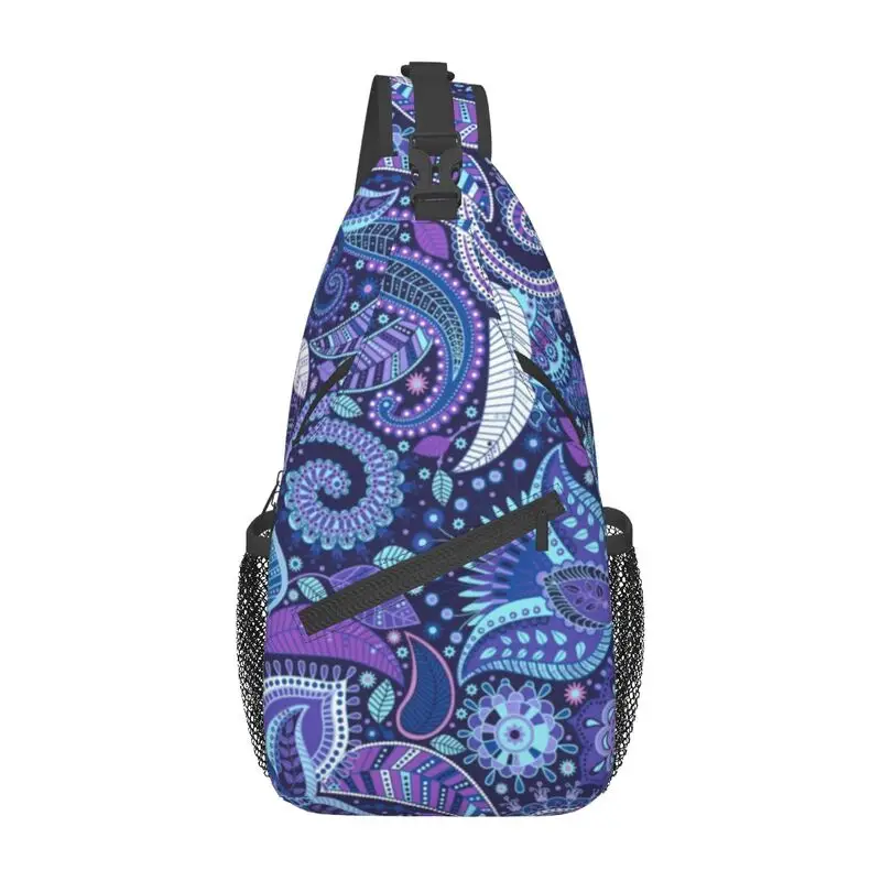 

Blue And Purple Paisley Print Sling Crossbody Backpack Men Flowers Floral Art Chest Shoulder Bag for Travel Hiking Daypack