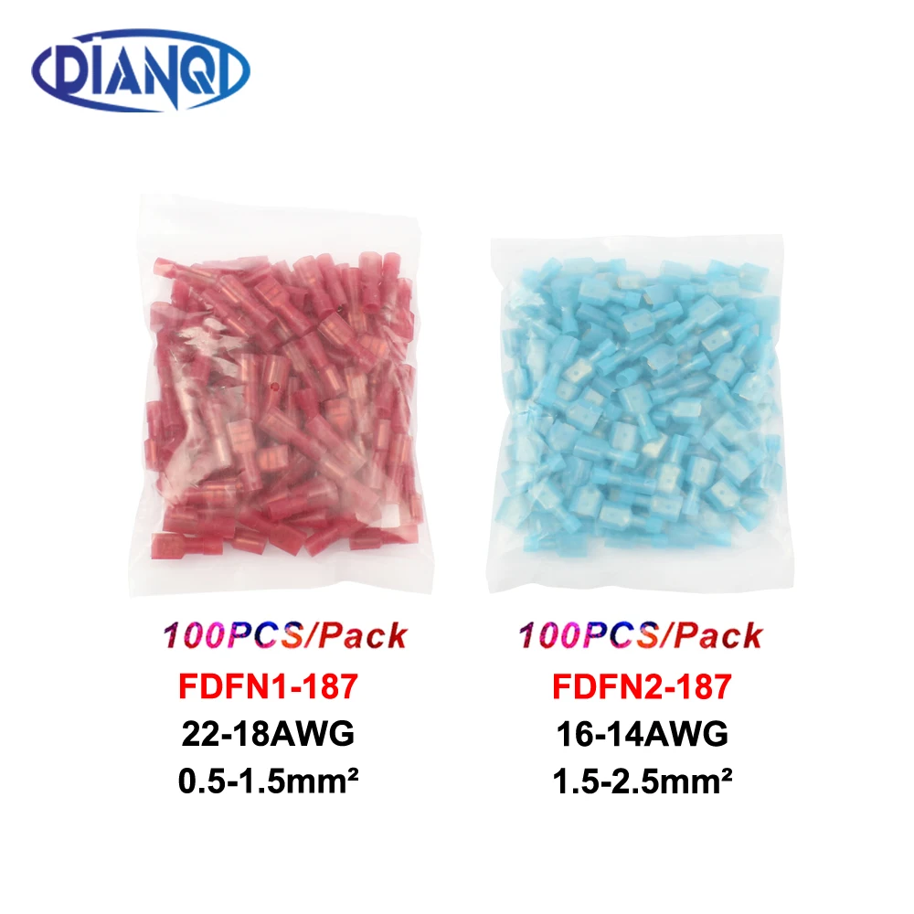 DIANQI FDFN1-187 FDFN1.25-187 NYLON brass Female Insulated Spade joint Cable Wire Connector 100PCS 0.5-1.5mm2 22-18AWG FDFN