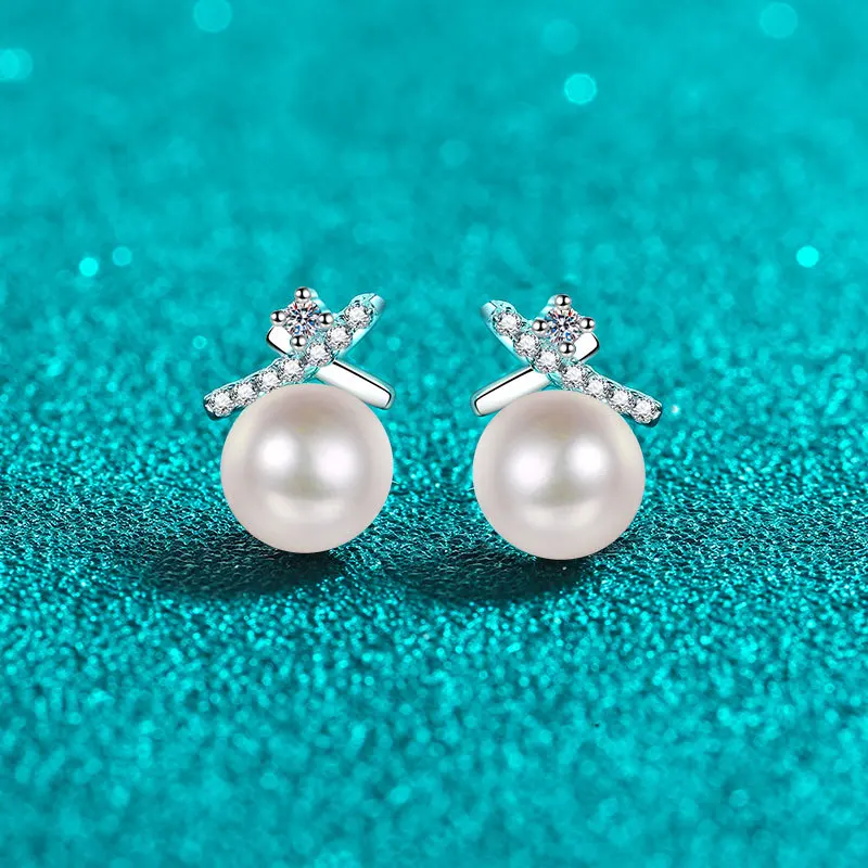 S925 Sterling Silver Earrings Anniversary Gift Moissanite 7mm Pearl Stud Earrings for Women