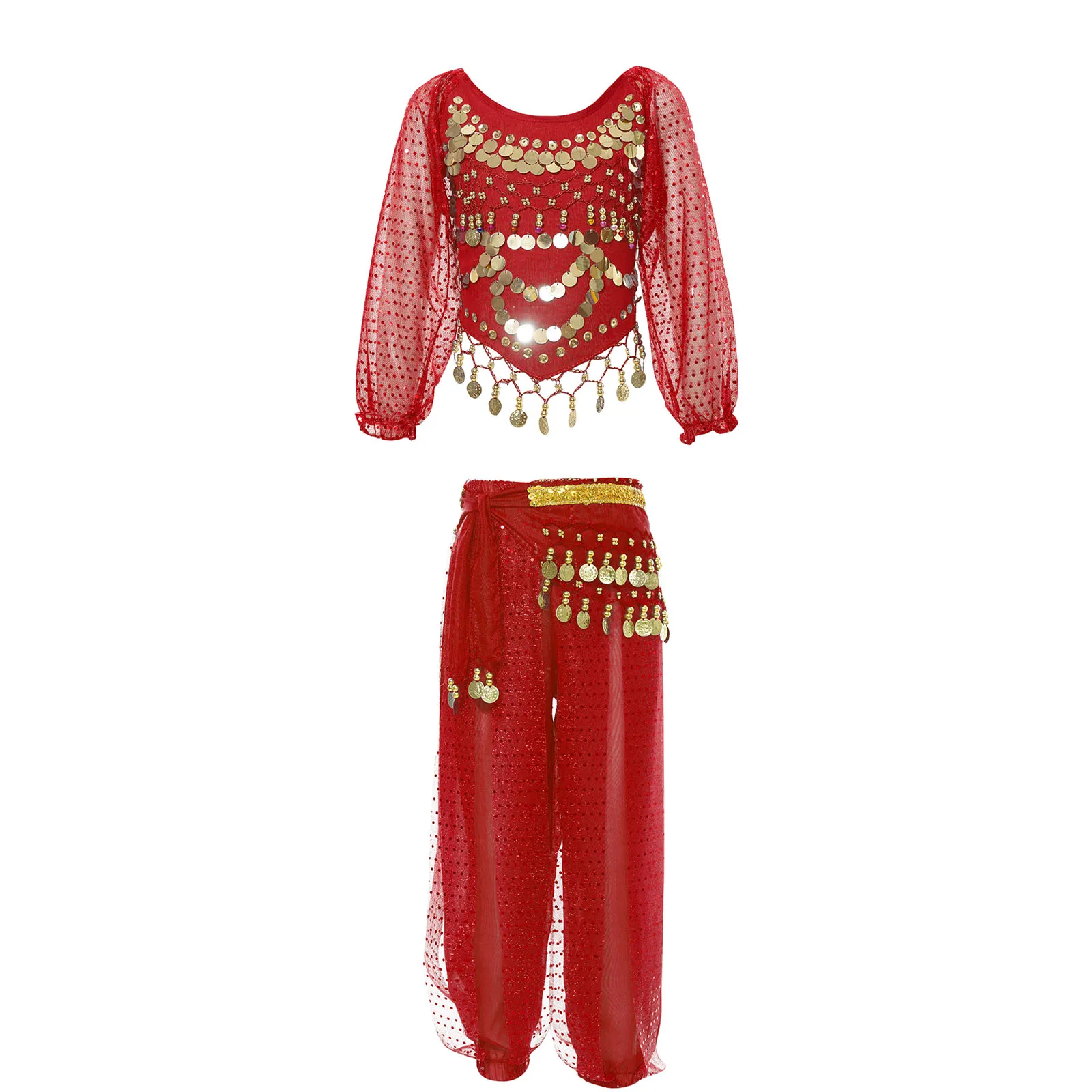 Mädchen Indien Bauchtanz arabische Prinzessin Performance Kostüm Langarm Crop Top mit Harems hose Hüfttuch Bauchtanz für Kinder