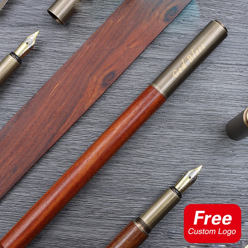 Customized LOGO Vintage Brass Mini Pocket Metal Fountain Pen Small Portable Student Calligraphy Practice Office School Supplies