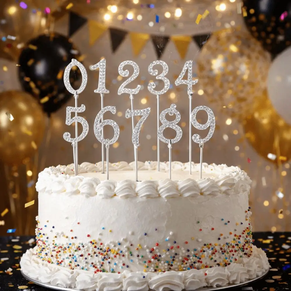 

Fashion Rhinestone Number Cake Topper Shining Silver Birthday Candle Holder Reusable Glitter Cake Decoration Tools Wedding