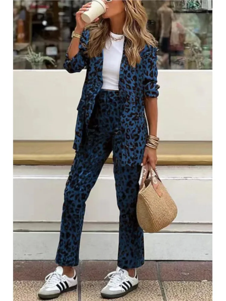 2025 New Leopard Print Two Piece Fashion Long Sleeve Lapel Collar Blazer Tops&Straight Pants Sets Women Slim Autumn Winter Suit