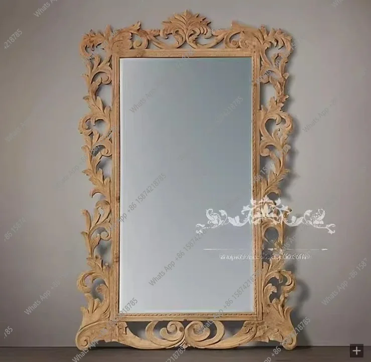 C69 American Country Solid Wood Carving Flower Dressing Floor Mirror French Retro Old Fitting Mirror