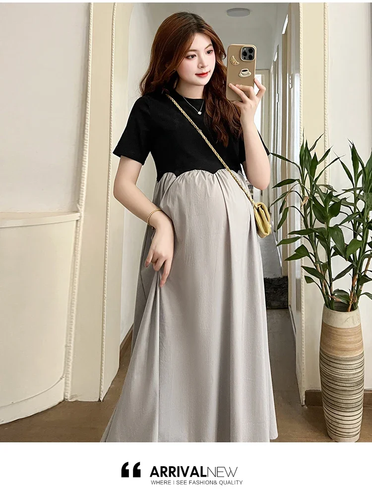 2024 French Style Pregnant Women Elegant Dress Plus Size Long Sleeve O-Neck High Waist Maternity A-Line Dress Long Loose Clothes