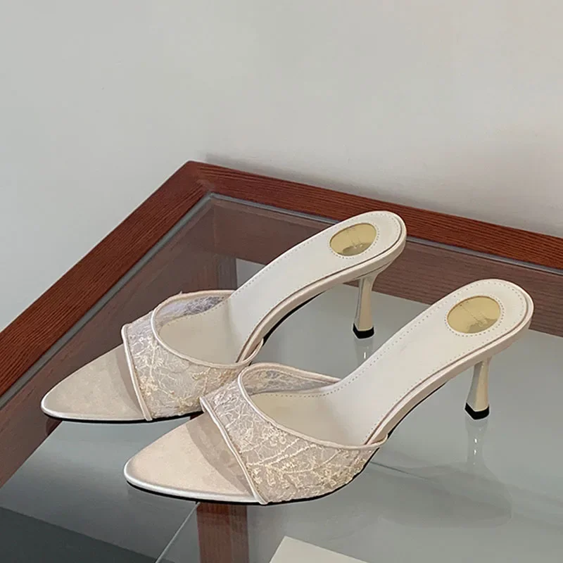 

Aneikeh Street Style 2026 Summer Mesh Open Toe Pointed End High Heel Slippers Women Elegant Thin Heel Slides Sandalias Mujer