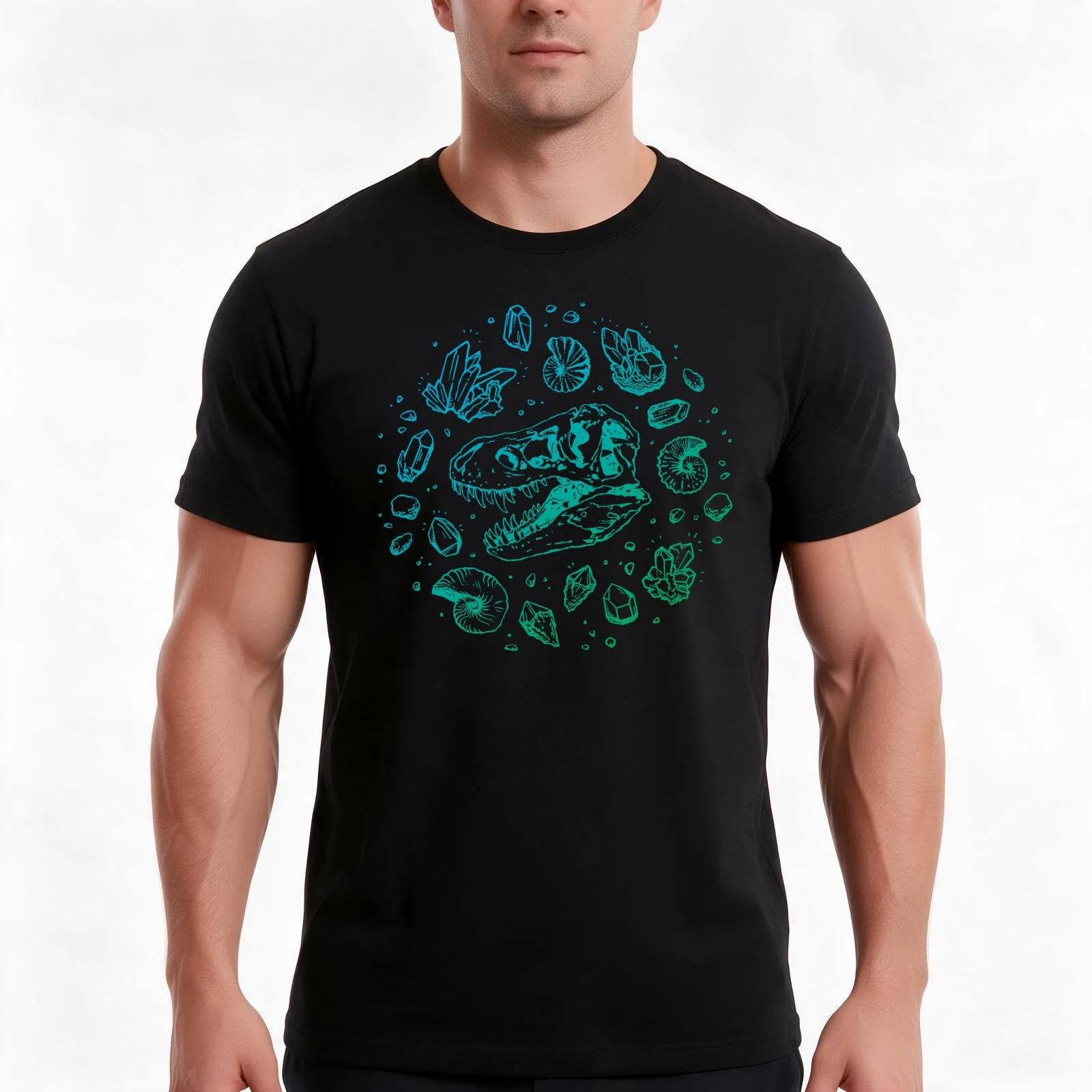 Geo-rex Vortex | Turquoise Ombré | Dinosaur Fossil Art T-Shirt, Summer Casual Cotton Tee, Oversized Streetwear Tops, 100% Cotton