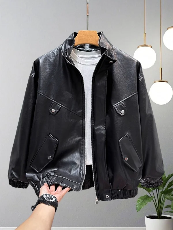 

Casual Spor Biker Jaet for Couples Loose Fit Men's Women's Retro Sle PU Leather Coat Casual Scenic Spot Resistant Defor...