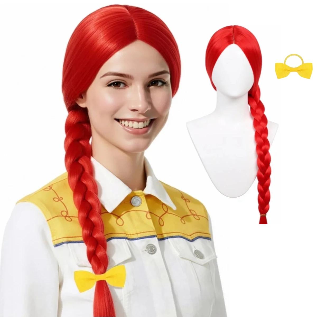 

Long Red Synthetic Wig with Braids Jessie Cowgirl Costume Long Braided Wig Yellow Bow Synthetic Glossy Cosplay Halloween Party