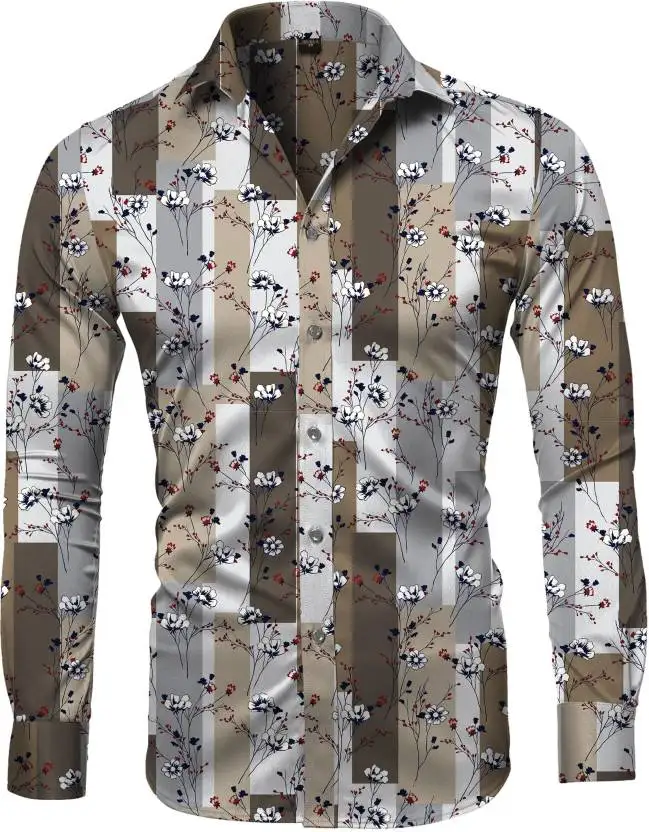 Fashion Irregular Plaid Flower Print Men\'s Long Sleeve Shirt Casual Party Street Hawaiian Polo Collar Shirt
