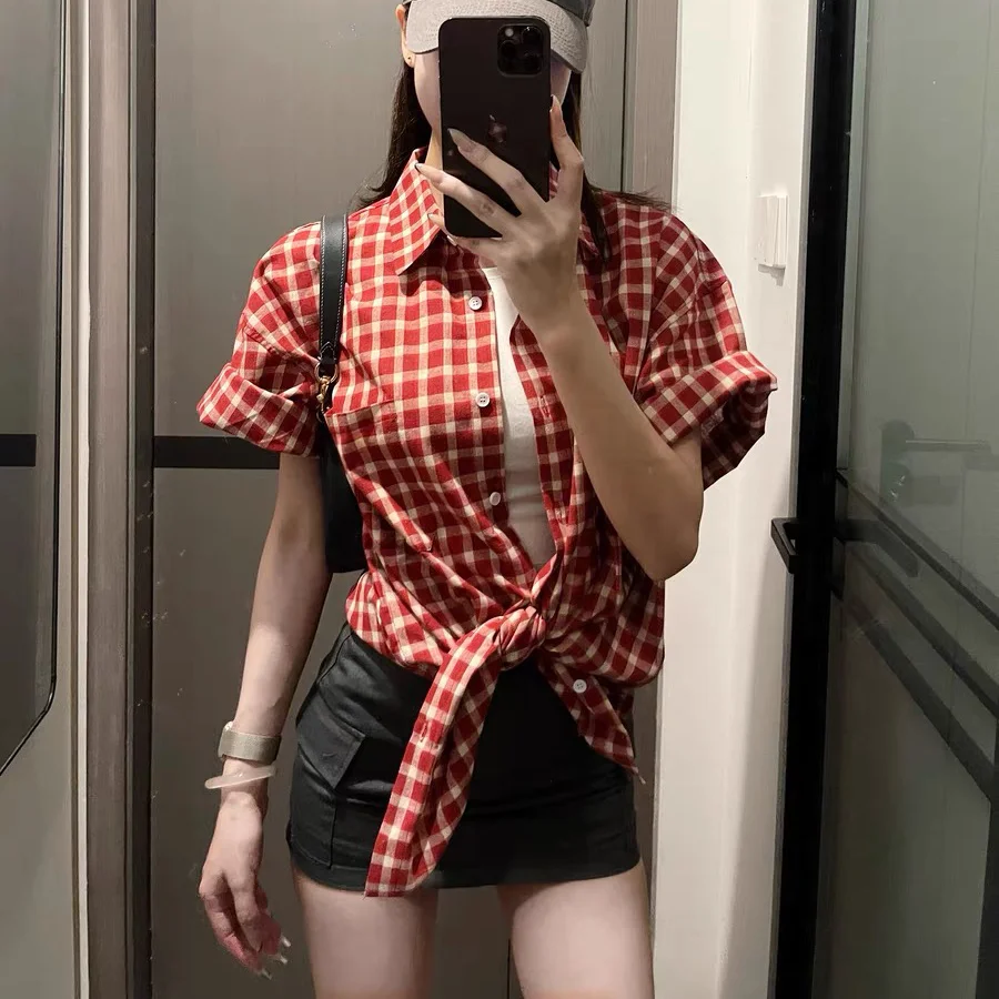 Camicia a maniche corte scozzese retrò rossa per donna Moda Estate 2025 Nuova camicia casual ampia vestibilità