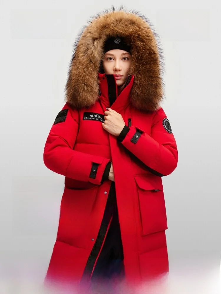 Bosideng Red New Year Goose down Parka Long Coat Large Fur Collar Wedding over Knee Women's Jacket Warm Outdoor Polyester