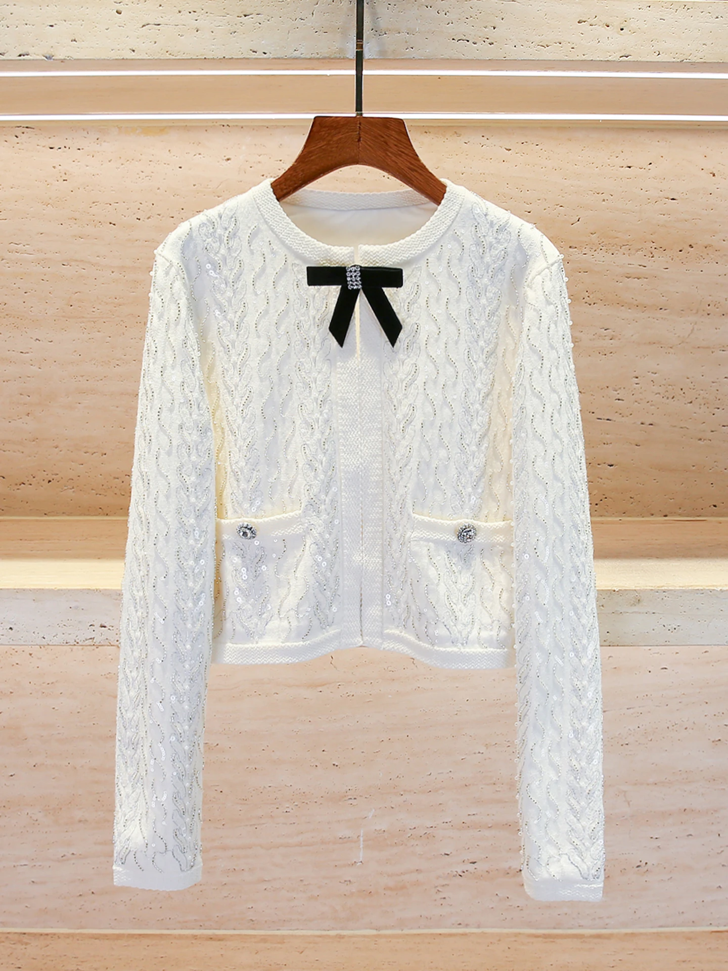 

Ele Knitted Open Cardigan Women's Top with 3D Knot Hollow Glitter Design Commute Sle Regular Fit Comfortable