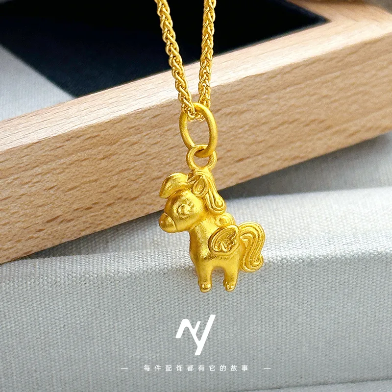 Cynlo Jewelry Luxury 24K 9999 Pure Gold real gold Women's Cute Pony Pendant Zodiac Horse Pendant Necklace