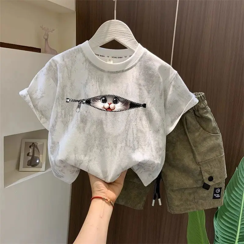 

Children's summer set new boys' cotton tie dye loose short sleeved T-shirt shorts two-piece set