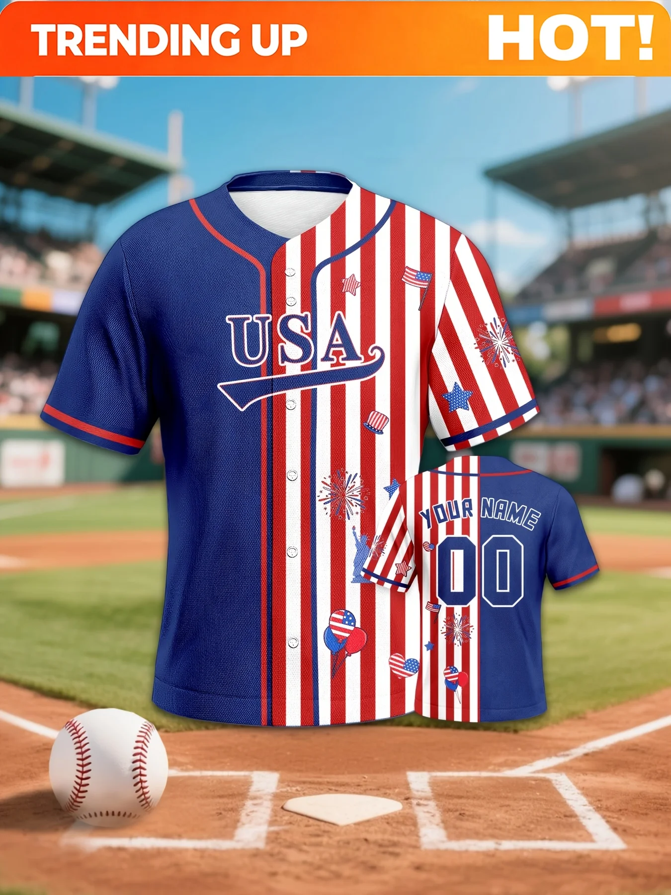 Independence Day Custom Men's Baseball Jersey - Personalized Name & Number, Star & Stripe Contrast, V-Neck Button-Up