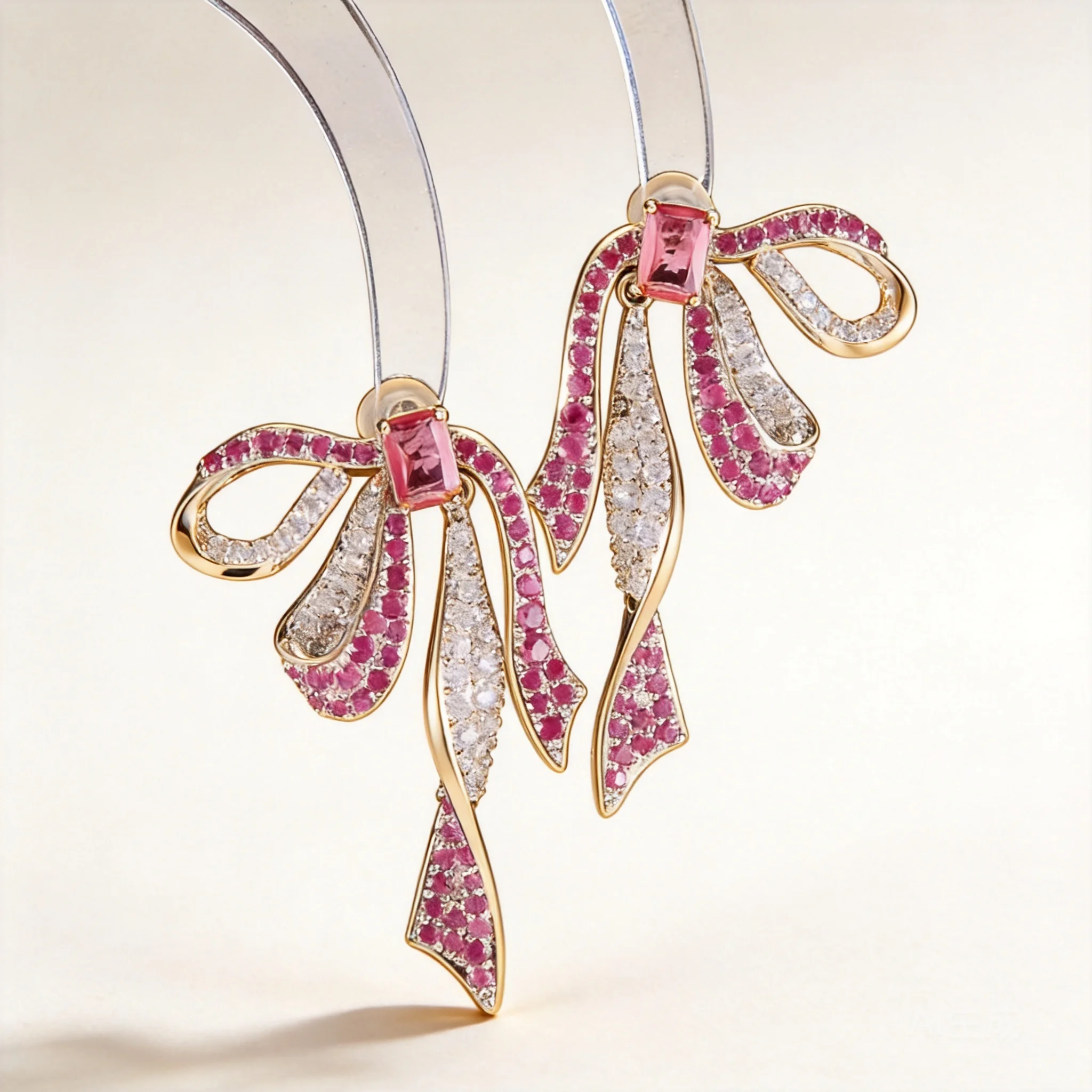 Fuchsia White Cubic Zirconia Inlaid Bow Knot Long Dangle Earrings Elegant Luxury Sparkling Drop Earrings For Women Wedding Party