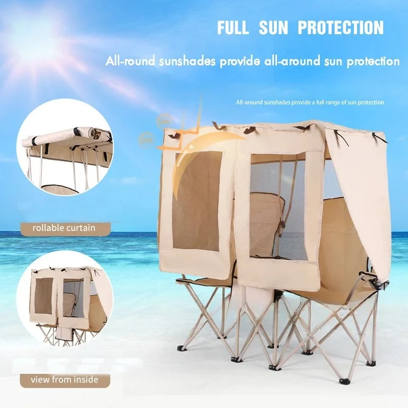 Outdoor Camping Folding Chair with Sunshade Fishing Beach Director Chair Double Seat