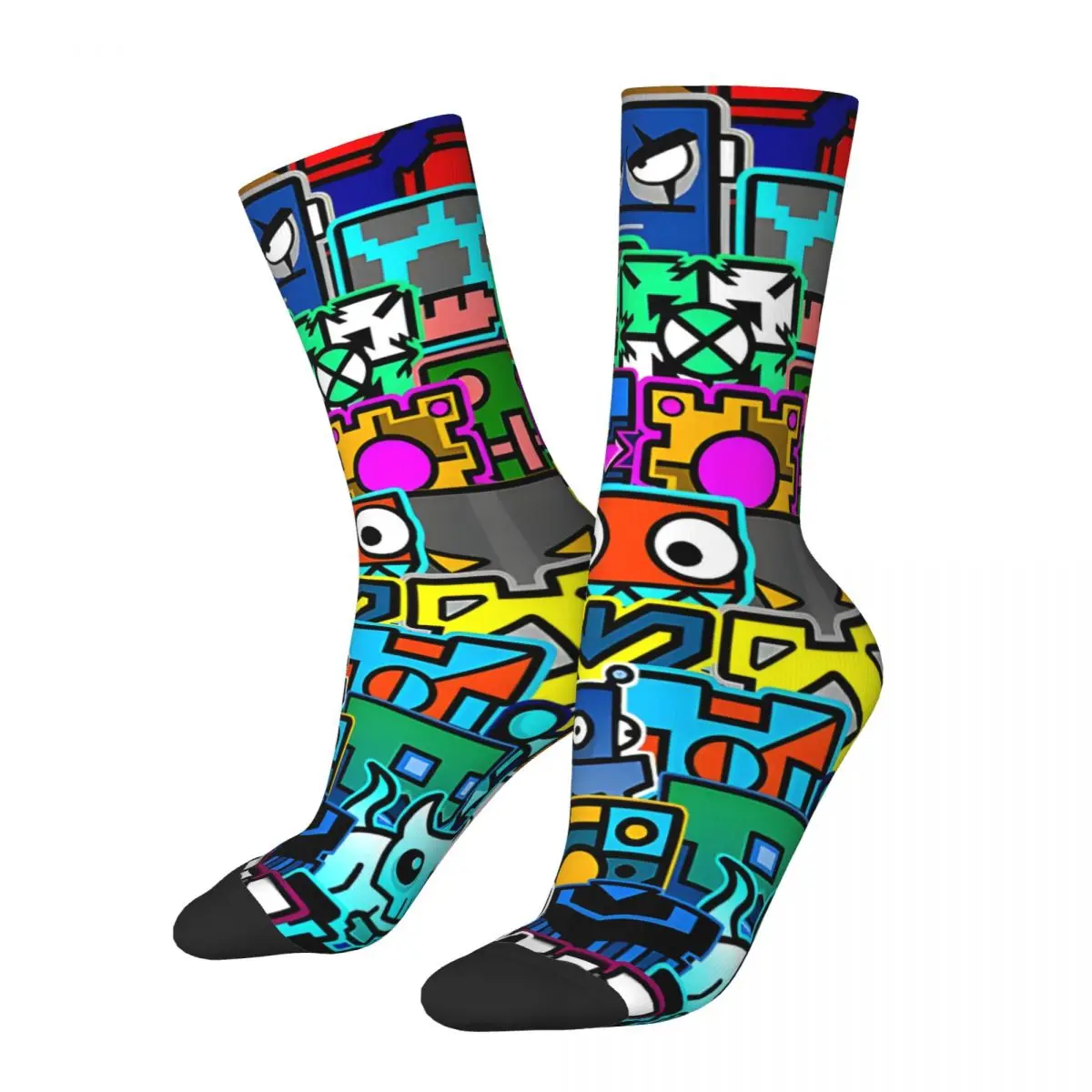 Hip Hop Retro Geometry Pattern Crazy Men\'s compression Socks Unisex Geometry Dash Game Street Style Seamless Crew Sock Boys