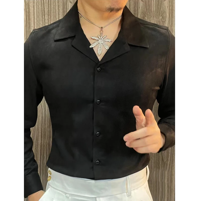 Spring Cuban Collar Casual Long Sleeve Shirt For Men British Luxury Solid Color Shirt Business Formal Dress Shirt Camisa Hombre