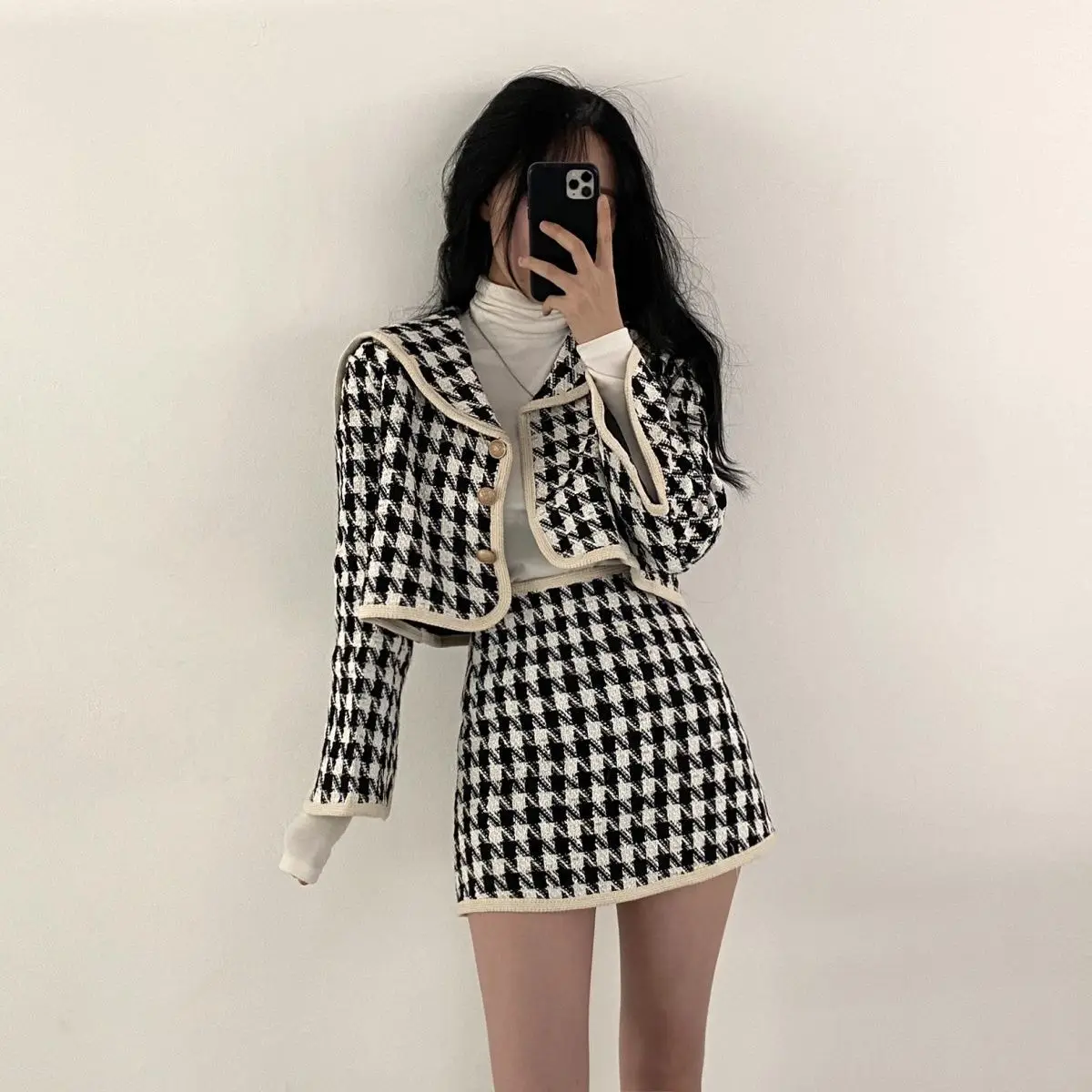 

Nice Houndstooth Two-piece Suit Female Temperament Buttons V-neck Long Sleeve Dress Sets Autumn Winter New Fashionable A-line Sk