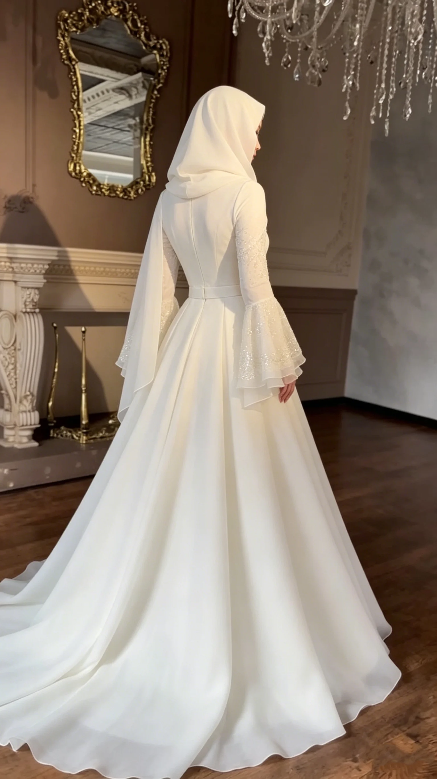 Custom Muslim Wedding Dress High Neck Chiffon Ball Gown with Hijab Bell Sleeves Modest Bridal Gown with Sparkly Cuffs image 3