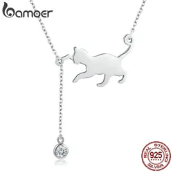 BAMOER S925 Sterling Silver Cat Necklace Cute Silver Cat Pendant Collarbone Necklace for Women SCN232 3 Colors