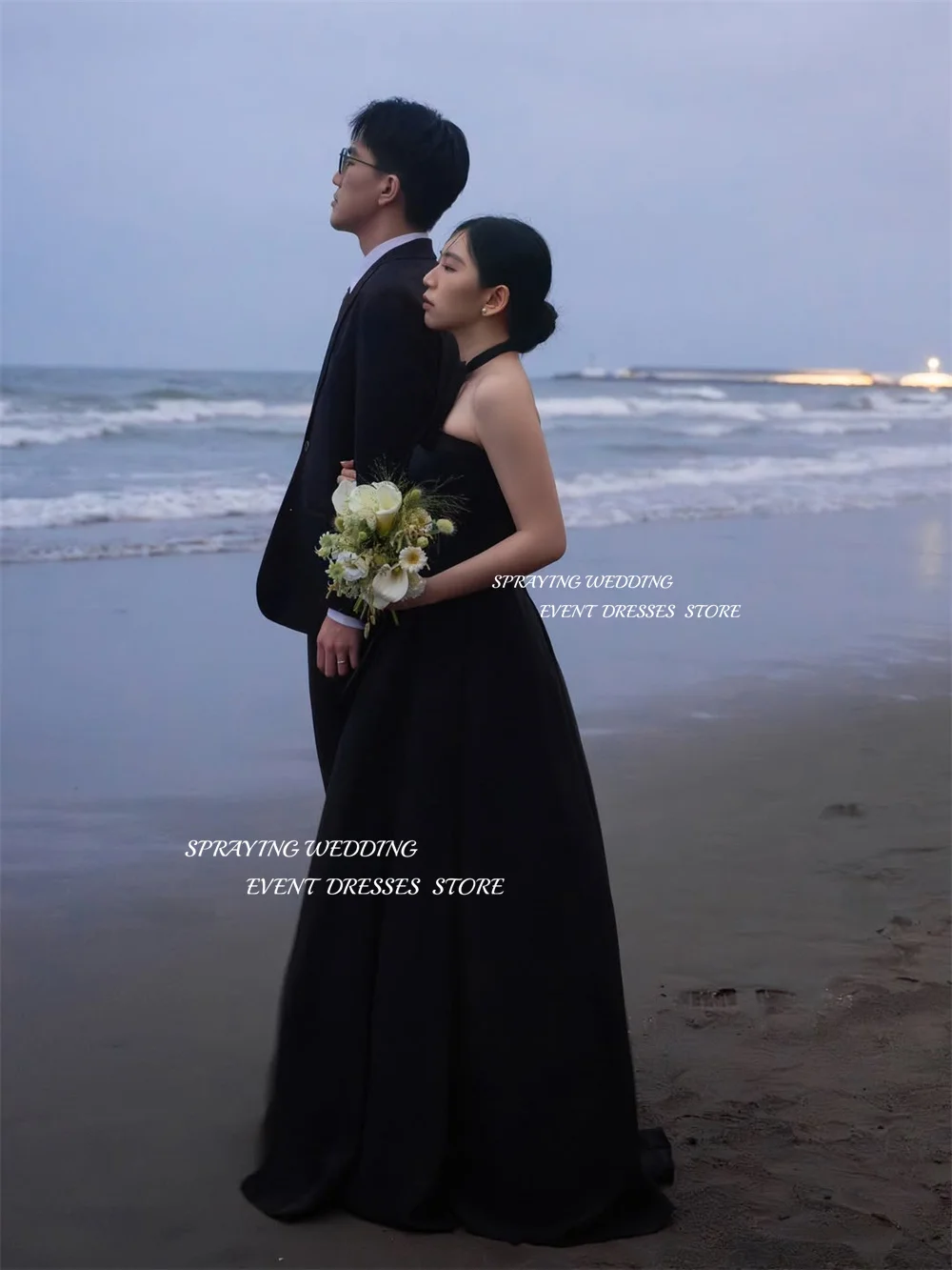 SPRAYING Elegant Black Evening Dress Korea Wedding Photo Shoot One Shoulder A line Floor Length Party Dress Corset Customized