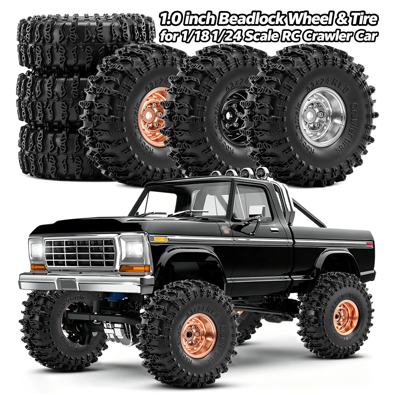 4pcs 1.0 inch Beadlock Wheel Rim & Crawler Tyres for 1/18 Traxxas TRX4M Ascent-18 1/24 Axial SCX24 AX24 FMS FCX24 RC Crawler Car