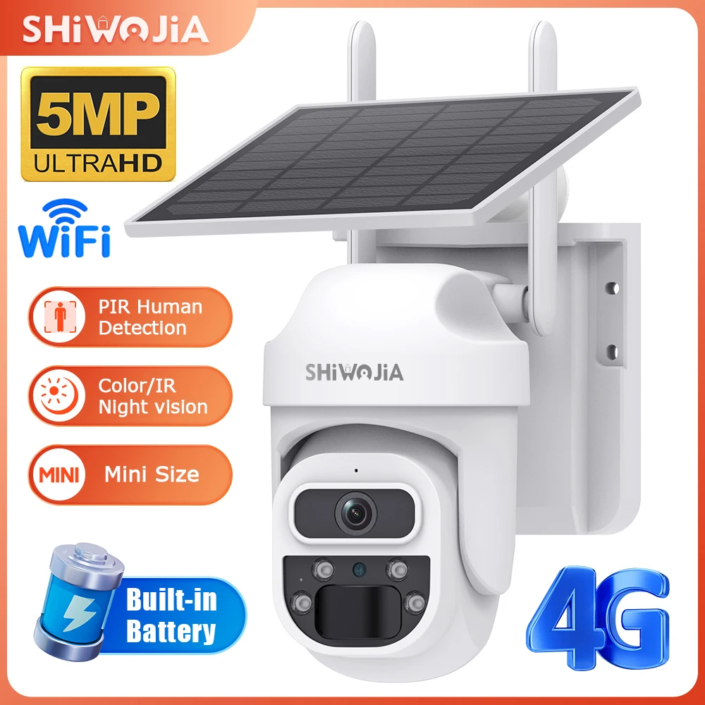 

SHIWOJIA 5MP Solar Camera 4G SIM Outdoor 360° Wireless WIFI Solar Battery Powered PTZ Security Cameras PIR Night Vision Video