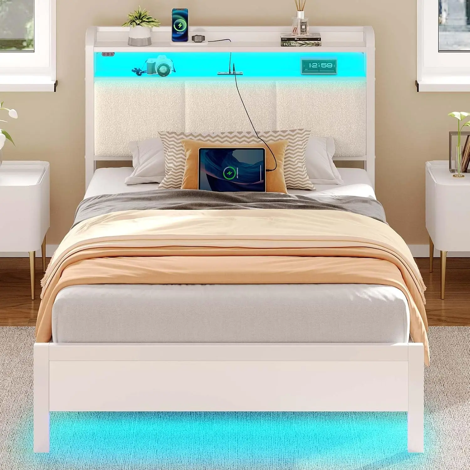Twin Bed Frame with LED Lights, Charging Station & Storage Shelves, Easy Assembly, White
