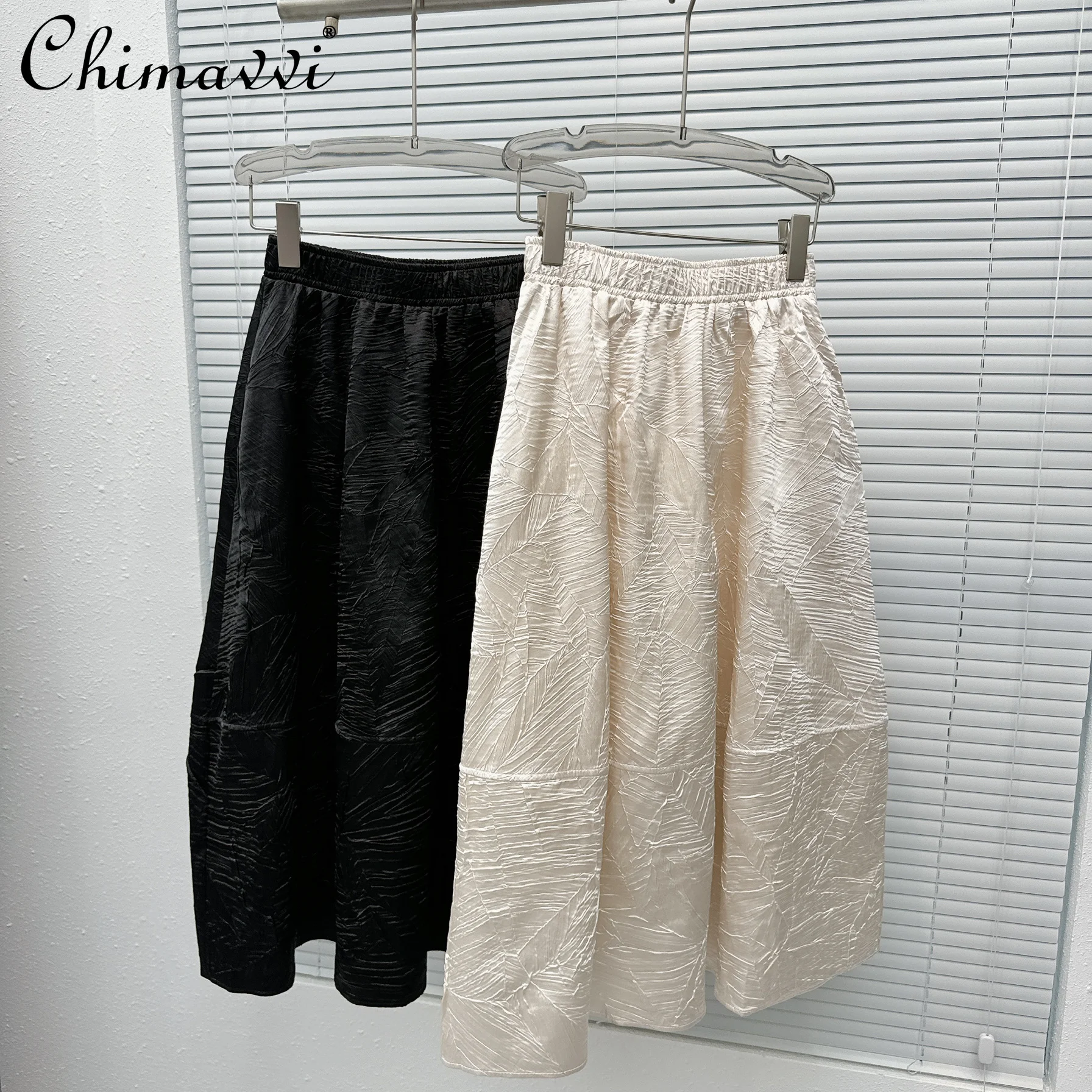 

2024 Summer New Korean Fashion High Waist Jacquard Acetate Fabric A- Line Skirt Temperament Mid-Length Pleated Skirts Women