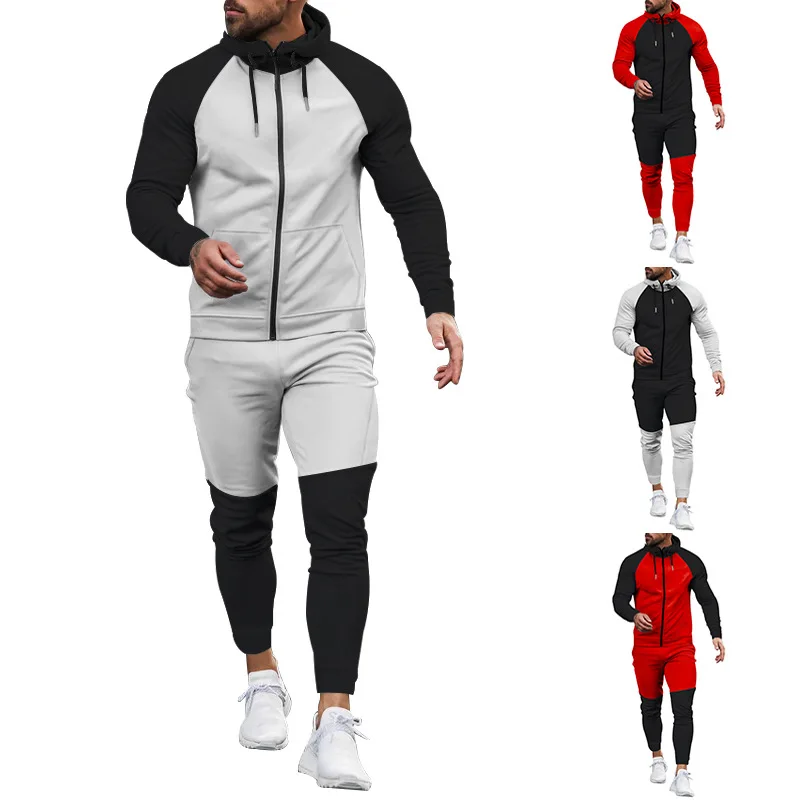 

Autumn winter new hoodie color matching sports suit Casual sports suit men's coat + trousers fashion set